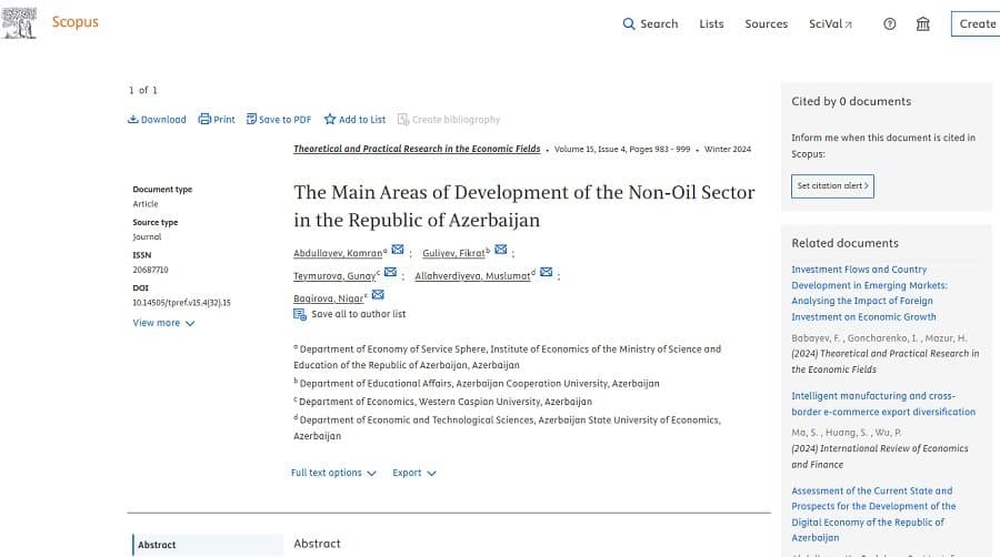 İqtisadçı alimlərin məqaləsi Scopus elmi bazasına daxil olan jurnalda nəşr olunub