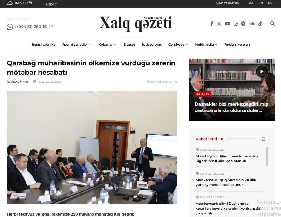 Qarabağ müharibəsinin ölkəmizə vurduğu zərərin mötəbər hesabatı
